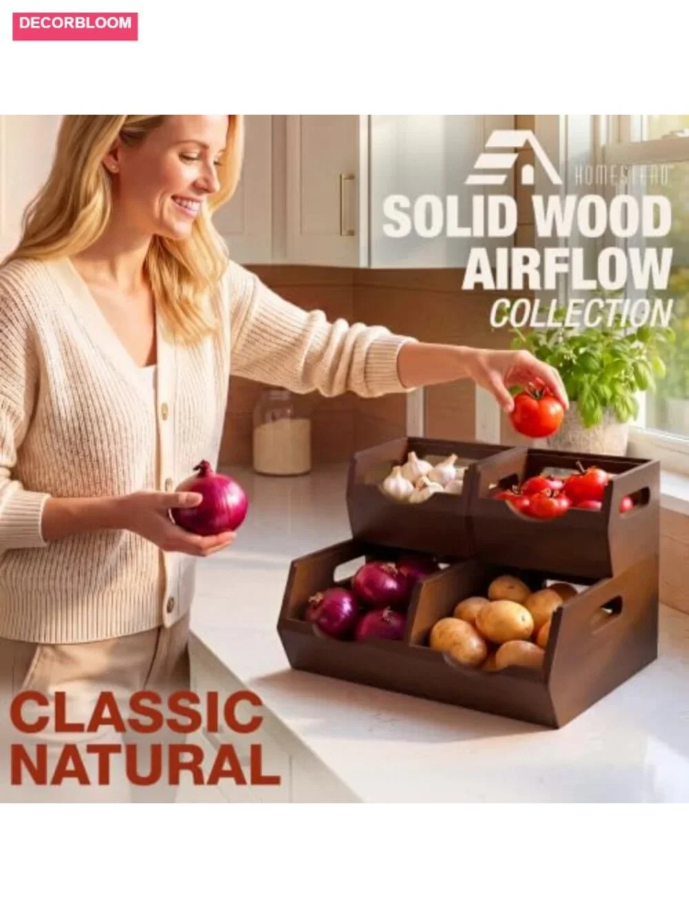 Solid Wood Stackable Storage Bins Ventilated Produce Organizer 3-Pack